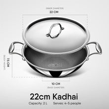 Load image into Gallery viewer, Stahl Artisan Hybrid Triply Non Stick Kadai with Lid, Stainless Steel Kadai for Cooking, Triply Kadhai Metal Spatula Friendly, Induction & Gas Stove Compatible, 2.0 L, 22 cm