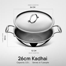Load image into Gallery viewer, Stahl Artisan Hybrid Triply Non Stick Kadai with Lid, Stainless Steel Kadai for Cooking, Triply Kadhai Metal Spatula Friendly, Induction & Gas Stove Compatible, 3.3 L, 26 cm
