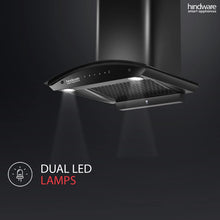 Load image into Gallery viewer, Hindware Smart Appliances oasis 60 cm 1350 m³/hr Stylish Filterless Auto-Clean Kitchen Chimney With Metallic Oil Collector, Motion Sensor & Touch Control For Easy Operation (Curved Glass, Black)