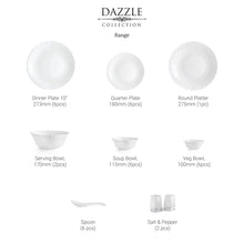 Load image into Gallery viewer, Cello Opalware Dazzle Series Plain Dinner Set with Rice Plate, 35Pcs | Opal Glass Dinner Set for 6 | Light-Weight, Daily Use Crockery Set for Dining | White Plate and Bowl Set