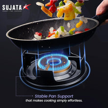 Load image into Gallery viewer, Sujata Gas Stove | 9 Years Warranty | 4 Burner Gas Stove Glass Top, SABAF, ISI Certified, Hob Top, LPG & PNG Compatible, Jumbo Pack with Brass Burner (Deluxe - Black)