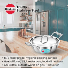 Load image into Gallery viewer, Hawkins Pro 2.5 Litre Deep-Fry Pan, Triply Stainless Steel Kadhai with Stainless Steel Handles and Stainless Steel Lid, Silver (PSK25S)
