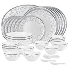 Load image into Gallery viewer, Cello Amitabh Bachchan Opalware Divine Series silver Dinner Set, 33Pcs | Opal Glass Dinner Set for 6 | Crockery Set for Festive Ocassions, Parties | White Plate and Bowl Set