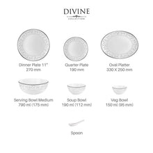 Load image into Gallery viewer, Cello Amitabh Bachchan Opalware Divine Series silver Dinner Set, 33Pcs | Opal Glass Dinner Set for 6 | Crockery Set for Festive Ocassions, Parties | White Plate and Bowl Set