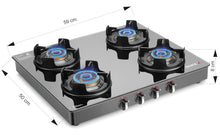 Load image into Gallery viewer, Sujata Gas Stove | 9 Years Warranty | 4 Burner Gas Stove Glass Top, SABAF, ISI Certified, Hob Top, LPG & PNG Compatible, Jumbo Pack with Brass Burner (Deluxe - Black)