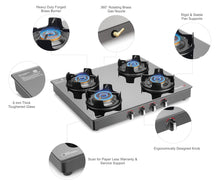 Load image into Gallery viewer, Sujata Gas Stove | 9 Years Warranty | 4 Burner Gas Stove Glass Top, SABAF, ISI Certified, Hob Top, LPG & PNG Compatible, Jumbo Pack with Brass Burner (Deluxe - Black)