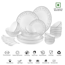 Load image into Gallery viewer, Cello Amitabh Bachchan Opalware Divine Series silver Dinner Set, 33Pcs | Opal Glass Dinner Set for 6 | Crockery Set for Festive Ocassions, Parties | White Plate and Bowl Set