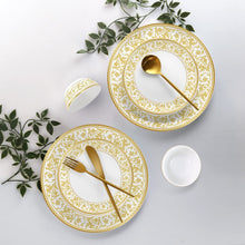 Load image into Gallery viewer, Cello Amitabh Bachchan Opalware Divine Series Oro Dinner Set, 27Pcs | Opal Glass Dinner Set for 6 | Crockery Set for Festive Ocassions, Parties | White Plate and Bowl Set