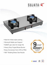 Load image into Gallery viewer, Sujata Gas Stove | 9 Years Warranty | Stove 2 Burner, 2 Burner Gas Stove Glass Top, SABAF, ISI Certified, Hob, LPG & PNG Compatible, Brass Burner (Deluxe - Black)