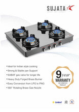 Load image into Gallery viewer, Sujata Gas Stove | 9 Years Warranty | 4 Burner Gas Stove Glass Top, SABAF, ISI Certified, Hob Top, LPG & PNG Compatible, Jumbo Pack with Brass Burner (Deluxe - Black)