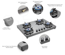 Load image into Gallery viewer, Sujata Gas Stove | 9 Years Warranty | Stove 4 Burner Auto Ignition, SABAF, ISI Certified, LPG & PNG Compatible, 360° Rotating Brass Gas Nozzle, Jumbo Brass Burner (Premium - Black)