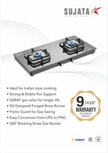 Load image into Gallery viewer, Sujata Gas Stove | 9 Years Warranty | Stove 2 Burner, 2 Burner Gas Stove Glass Top, SABAF, ISI Certified, Hob, LPG & PNG Compatible, Brass Burner (Classic - Black)