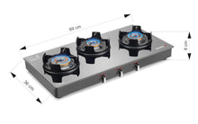 Load image into Gallery viewer, Sujata Gas Stove 3 Burners | 9 Years Warranty | 3 Burner Gas Stove Glass Top, SABAF, ISI Certified, Hob Top, LPG & PNG Compatible, Jumbo Pack with Brass Burner (Deluxe - Black)