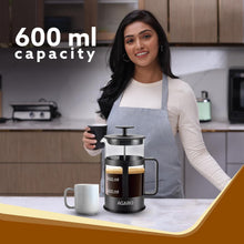 Load image into Gallery viewer, AGARO Delite French Press Coffee And Tea Maker, Borosilicate Glass Body With Sleeves, Glass Carafe, BPA Free Plastic Lid Strainer, 600Ml