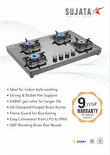 Load image into Gallery viewer, Sujata Gas Stove | 9 Years Warranty | Stove 4 Burner Auto Ignition, SABAF, ISI Certified, LPG & PNG Compatible, 360° Rotating Brass Gas Nozzle, Jumbo Brass Burner (Premium - Black)