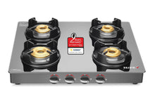 Load image into Gallery viewer, Sujata Gas Stove | 9 Years Warranty | 4 Burner Gas Stove Glass Top, SABAF, ISI Certified, Hob Top, LPG & PNG Compatible, Jumbo Pack with Brass Burner (Deluxe - Black)