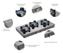 Load image into Gallery viewer, Sujata Gas Stove 3 Burners | 9 Years Warranty | 3 Burner Gas Stove Glass Top, SABAF, ISI Certified, Hob Top, LPG & PNG Compatible, Jumbo Pack with Brass Burner (Deluxe - Black)