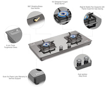 Load image into Gallery viewer, Sujata Gas Stove 2 Burners | 9 Years Warranty | Gas Stove 2 Burners Auto Ignition,Glass Top, SABAF, ISI Certified, LPG & PNG Compatible, 360° Rotating Brass Gas Nozzle, Brass Burner (Premium - Black)