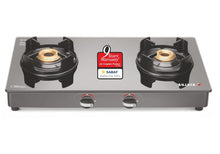 Load image into Gallery viewer, Sujata Gas Stove | 9 Years Warranty | Stove 2 Burner, 2 Burner Gas Stove Glass Top, SABAF, ISI Certified, Hob, LPG & PNG Compatible, Brass Burner (Deluxe - Black)