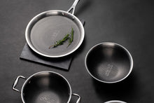 Load image into Gallery viewer, Stahl Artisan Hybrid Triply Non Stick Kadai with Lid, Stainless Steel Kadai for Cooking, Triply Kadhai Metal Spatula Friendly, Induction & Gas Stove Compatible, 2.4 L, 24 cm