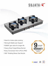 Load image into Gallery viewer, Sujata Gas Stove 3 Burners | 9 Years Warranty | 3 Burner Gas Stove Glass Top, SABAF, ISI Certified, Hob Top, LPG & PNG Compatible, Jumbo Pack with Brass Burner (Deluxe - Black)