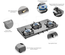 Load image into Gallery viewer, Sujata Gas Stove | 9 Years Warranty | 3 Burner Gas Stove Glass Top, Auto Ignition Gas Stove 3 Burner, SABAF, ISI Certified, LPG & PNG Compatible, Jumbo Pack with Brass Burner (Classic, Black)