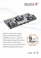 Load image into Gallery viewer, Sujata Gas Stove | 9 Years Warranty | 3 Burner Gas Stove Glass Top, SABAF, ISI Certified, Hob Top, LPG & PNG Compatible, Jumbo Pack with Brass Burner (Classic - Black)