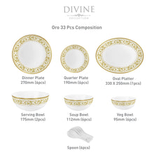Load image into Gallery viewer, Cello Amitabh Bachchan Opalware Divine Series Oro Dinner Set, 27Pcs | Opal Glass Dinner Set for 6 | Crockery Set for Festive Ocassions, Parties | White Plate and Bowl Set