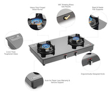 Load image into Gallery viewer, Sujata Gas Stove | 9 Years Warranty | Stove 2 Burner, 2 Burner Gas Stove Glass Top, SABAF, ISI Certified, Hob, LPG & PNG Compatible, Brass Burner (Deluxe - Black)