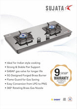 Load image into Gallery viewer, Sujata Gas Stove 2 Burners | 9 Years Warranty | Gas Stove 2 Burners Auto Ignition,Glass Top, SABAF, ISI Certified, LPG & PNG Compatible, 360° Rotating Brass Gas Nozzle, Brass Burner (Premium - Black)