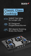 Load image into Gallery viewer, Sujata Gas Stove | 9 Years Warranty | Stove 4 Burner Auto Ignition, SABAF, ISI Certified, LPG & PNG Compatible, Jumbo Pack with Brass Burner (Classic, Black)