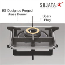 Load image into Gallery viewer, Sujata Gas Stove 2 Burners | 9 Years Warranty | Gas Stove 2 Burners Auto Ignition,Glass Top, SABAF, ISI Certified, LPG & PNG Compatible, 360° Rotating Brass Gas Nozzle, Brass Burner (Premium - Black)