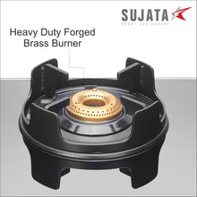 Load image into Gallery viewer, Sujata Gas Stove | 9 Years Warranty | 4 Burner Gas Stove Glass Top, SABAF, ISI Certified, Hob Top, LPG & PNG Compatible, Jumbo Pack with Brass Burner (Deluxe - Black)