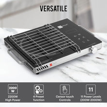 Load image into Gallery viewer, Cello Induction Cooker Blazing 800+ Infra Ceramic Plate 2200 Watt Induction Cooktop with BBQ Grill, Soft Touch Button with Crystal Glass (Black)
