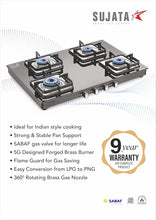 Load image into Gallery viewer, Sujata Gas Stove | 9 Years Warranty | Stove 4 Burner Auto Ignition, SABAF, ISI Certified, LPG & PNG Compatible, Jumbo Pack with Brass Burner (Classic, Black)