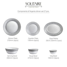 Load image into Gallery viewer, Cello Opalware Solitaire Series Argento Dinner Set, 27Pcs | Opal Glass Dinner Set for 6 | Crockery Set for Festive Ocassions, Parties | White Plate and Bowl Set