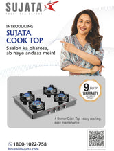 Load image into Gallery viewer, Sujata Gas Stove | 9 Years Warranty | 4 Burner Gas Stove Glass Top, SABAF, ISI Certified, Hob Top, LPG & PNG Compatible, Jumbo Pack with Brass Burner (Deluxe - Black)