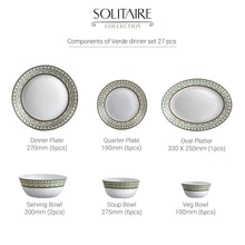 Load image into Gallery viewer, Cello Opalware Solitaire Series Verde Dinner Set, 27Pcs | Opal Glass Dinner Set for 6 | Crockery Set for Festive Ocassions, Parties | White Plate and Bowl Set