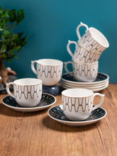 Load image into Gallery viewer, Clay Craft Fine Ceramic Gold Printed Cup & Saucer Set of 12-6 Cups & 6 Saucers - 180 ml Each (MAHARANI Noir N406)