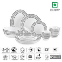 Load image into Gallery viewer, Cello Opalware Solitaire Series Argento Dinner Set, 27Pcs | Opal Glass Dinner Set for 6 | Crockery Set for Festive Ocassions, Parties | White Plate and Bowl Set