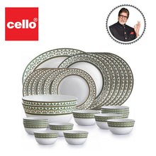Load image into Gallery viewer, Cello Opalware Solitaire Series Verde Dinner Set, 27Pcs | Opal Glass Dinner Set for 6 | Crockery Set for Festive Ocassions, Parties | White Plate and Bowl Set