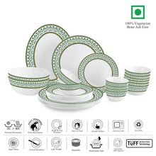 Load image into Gallery viewer, Cello Opalware Solitaire Series Verde Dinner Set, 27Pcs | Opal Glass Dinner Set for 6 | Crockery Set for Festive Ocassions, Parties | White Plate and Bowl Set