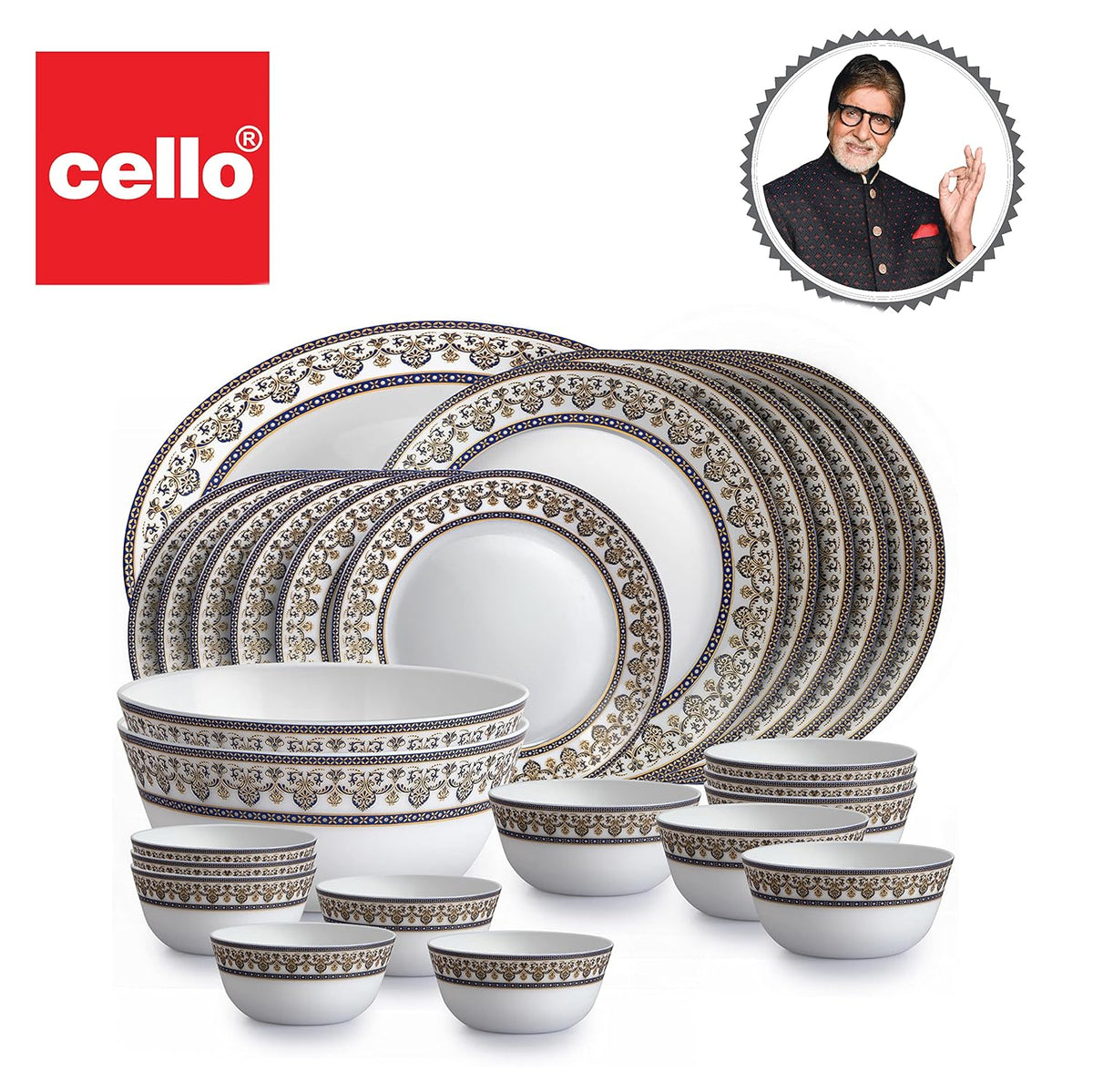 Cello Opalware Solitaire Series Blu Dinner Set, 27Pcs Opal Glass