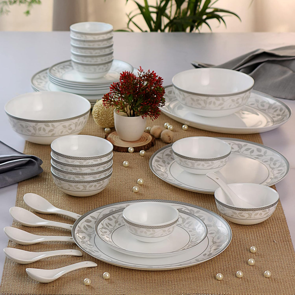 Cello Dinner Set With Serving Bowls Cello White Green Opalware