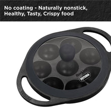 Load image into Gallery viewer, Hawkins Futura 16 cm Cast Iron Appe Pan, Non Stick Paniyaram Pan with Glass Lid, 8 Cups Paniyarakkal Pan, Litti Pan, Kuzhi Paniyaram Pan, Ponganalu Pan, Black (CIAP16G)