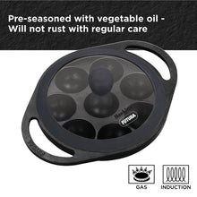 Load image into Gallery viewer, Hawkins Futura 16 cm Cast Iron Appe Pan, Non Stick Paniyaram Pan with Glass Lid, 8 Cups Paniyarakkal Pan, Litti Pan, Kuzhi Paniyaram Pan, Ponganalu Pan, Black (CIAP16G)