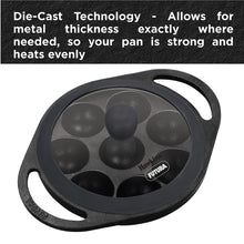 Load image into Gallery viewer, Hawkins Futura 16 cm Cast Iron Appe Pan, Non Stick Paniyaram Pan with Glass Lid, 8 Cups Paniyarakkal Pan, Litti Pan, Kuzhi Paniyaram Pan, Ponganalu Pan, Black (CIAP16G)