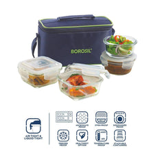 Load image into Gallery viewer, Borosil Glass Universal Lunch Box Set of 4, (2pcs 320 ml sq. + 2pcs 240 ml Round) Microwave Safe Office Tiffin - KOCHEN ESSENTIAL