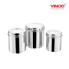 Load image into Gallery viewer, Vinod Stainless Steel Airtight Deep Dabba - 350 ml, 500 ml, & 750 ml - set of 3 pieces - KOCHEN ESSENTIAL