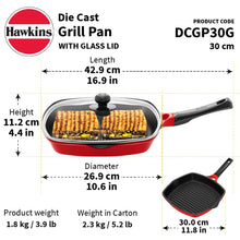 Load image into Gallery viewer, Hawkins 30 cm Grill Pan, Non Stick Die Cast Grilling Pan with Glass Lid, Square Grill Pan for Gas Stove, Ceramic Coated Pan, Roast Pan (DCGP30G)